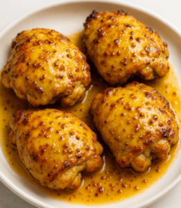Air fryer chicken thighs with golden glaze on white plate