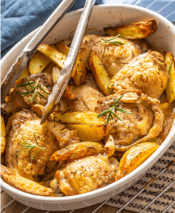 Boneless chicken thighs with crispy roasted potatoes