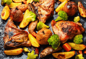 Healthy, flavorful chicken thighs and broccoli dish full of protein and fiber.