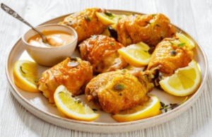 Healthy air fryer chicken with mustard sauce drizzle