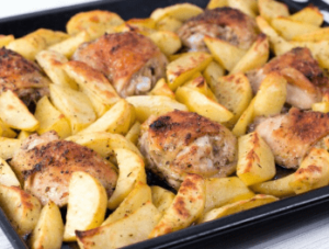 1.Easy baked chicken thighs and potatoes dinner