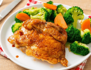 A delicious, low-carb dinner of chicken thighs paired with steamed broccoli.