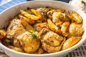 golden roasted potatoes and chicken thighs